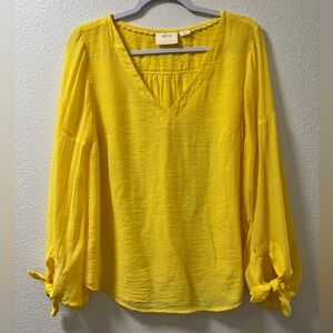 Anthropologie Maeve Blouse Tie Sleeve V-Neck Semi-Sheer Yellow Women’s Large